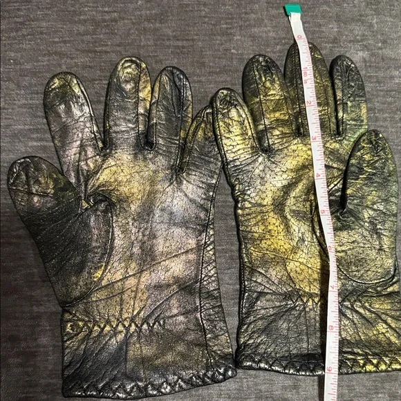Elegant Gold ,Green and Black Leather Gloves,Hand Painted with Exclusive Paint.